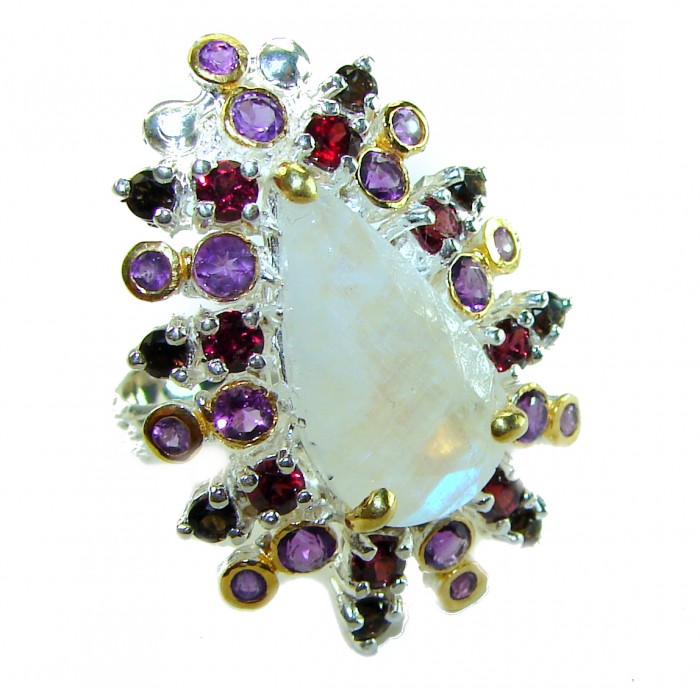 Moonlight Authentic 14.2 carat Fire Moonstone 18k Gold over .925 Sterling Silver handmade Satement ring s. 8