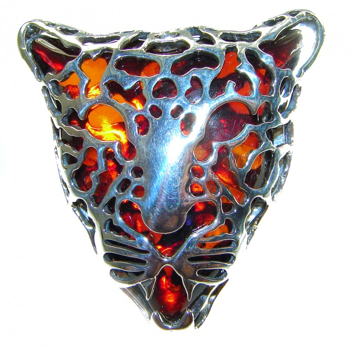Precious Cheetah Baltic Amber .925 Sterling Silver handmade Large ring size 8 adjustable