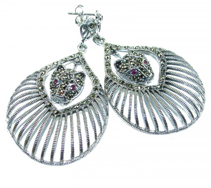 Cheetah Spectacular Ruby Marcasite .925 Sterling Silver LARGE earrings - video