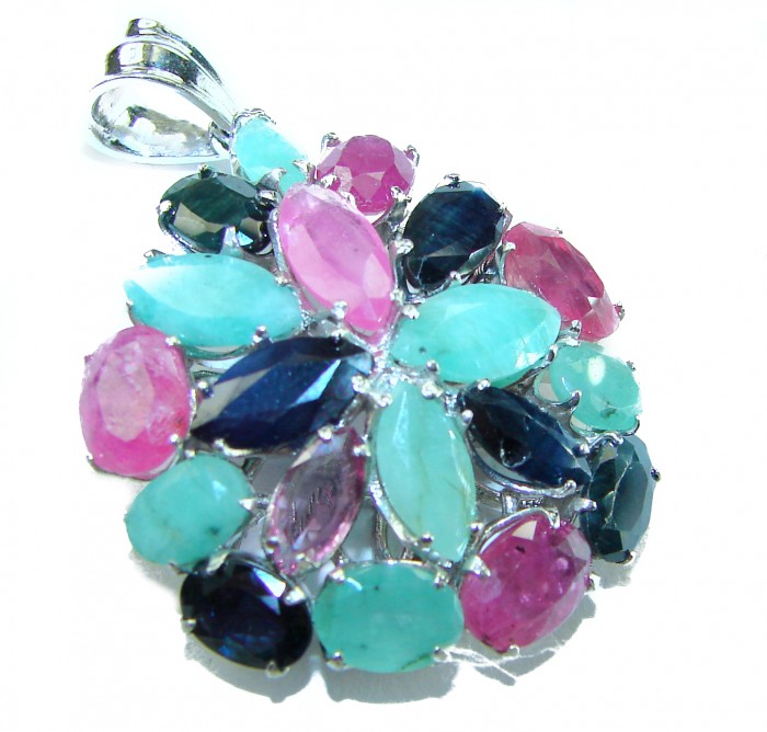Precious Genuine 21.5 carat Emerald Ruby Sapphire .925 Sterling Silver handmade Pendant