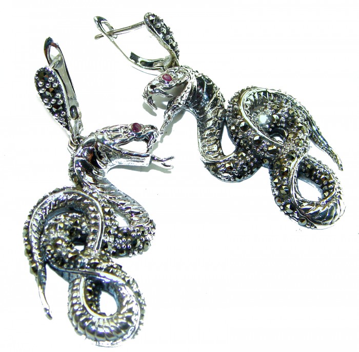 Snakes Ruby Marcasite .925 Sterling Silver handcrafted Earrings