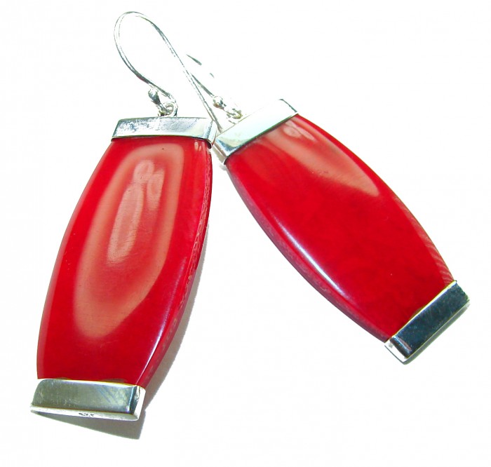 Large Genuine Red Fossilized Coral .925 Sterling Silver handmade earrings