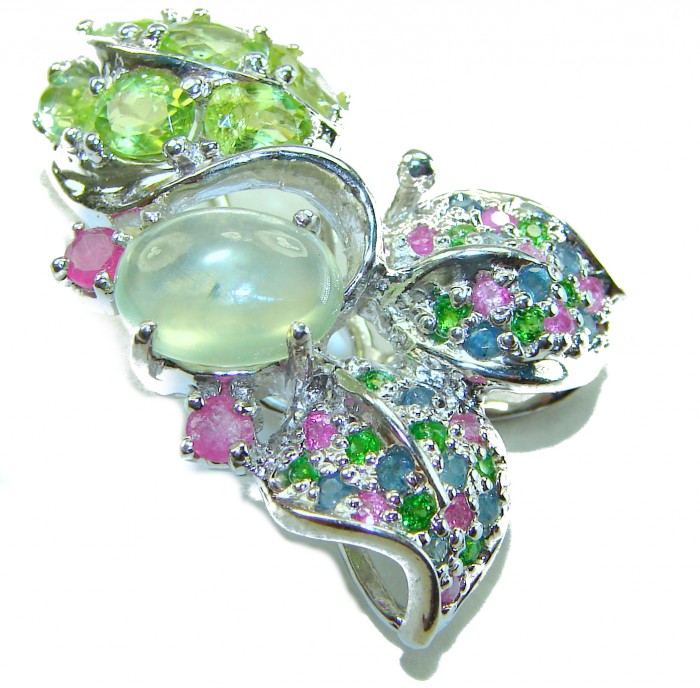 Wise Bliss Authentic 8.6 carat Prehnite Emerald Sapphire Ruby .925 Sterling Silver handmade Pendant