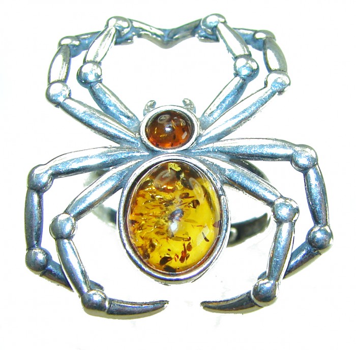 Golden Spider Authentic Baltic Amber .925 Sterling Silver handcrafted ring; s. 7 adjustable