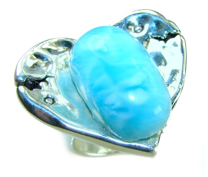 Angel's Heart Genuine Caribbean Larimar .925 Sterling Silver handcrafted MASSIVE 21.5 carat STATEMENT ring size 8