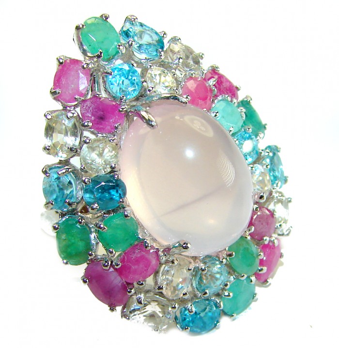 Marie Antoinette's STYLE authentic 32.5 carat Brazilian Rose Quartz .925 Sterling Silver handcrafted Statement ring; s. 8