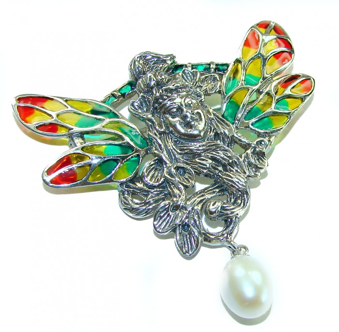 Mother Nature genuine Enamel Pearl .925 Sterling Silver handmade Pendant - Brooch