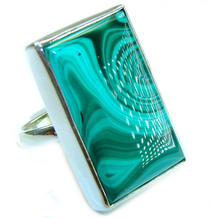 genuine inlay Malachite .925 Sterling Silver handcrafted ring size 7 adjustable