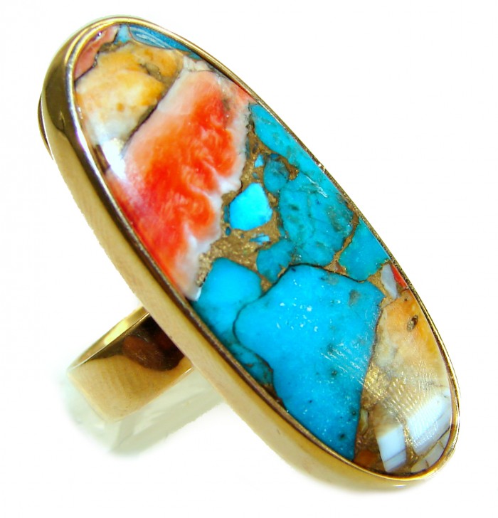 Rare 29.5 carat Oyster Turquoise 18K Gold over .925 Sterling Silver handcrafted Large ring; s. 7 adjustable