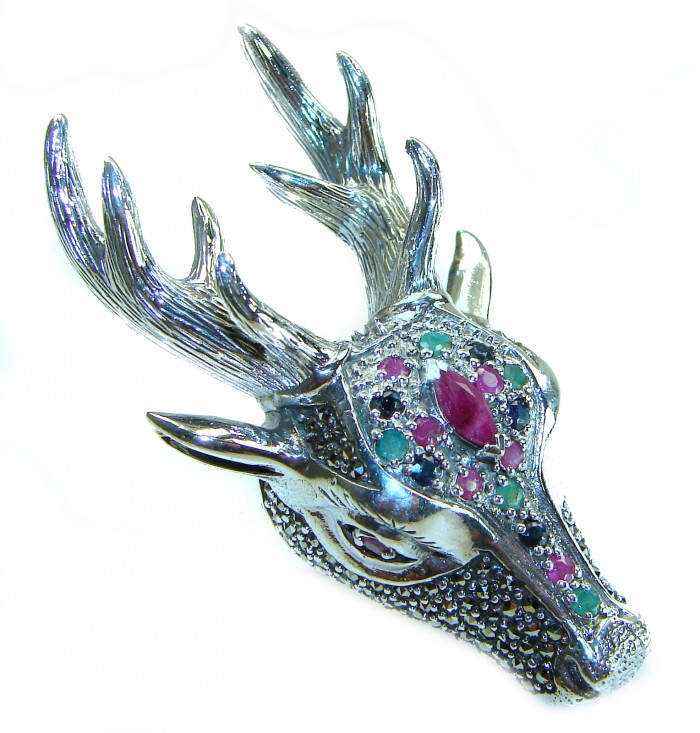 Unisex - Large Deer Head Authentic Ruby Marcasite .925 Sterling Silver handmade Ring size 7