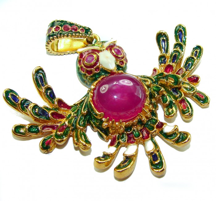 Precious Parrot Natural 8.2 carat Star Ruby Enamel 18K Gold over .925 Sterling Silver Pendant