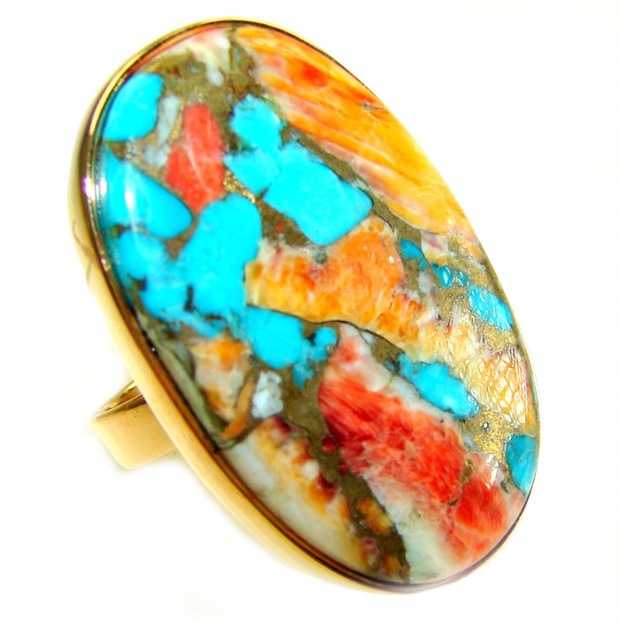 Rare 33.5 carat Oyster Turquoise 18K Gold over .925 Sterling Silver handcrafted Large ring; s. 7 adjustable