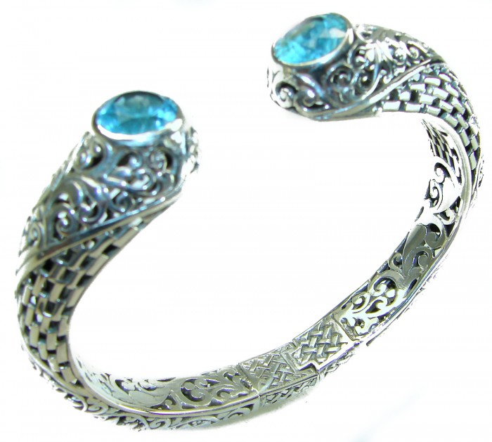 Large and Heavy Bali Legacy 45.5 grams authentic 10.9 carat Swiss Blue topaz Floral Bracelet in .925 Sterling Silver handcrafted