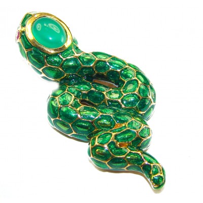 INCREDIBLE Natural Emerald Enamel Snake 14K Gold over .925 Sterling Silver Pendant