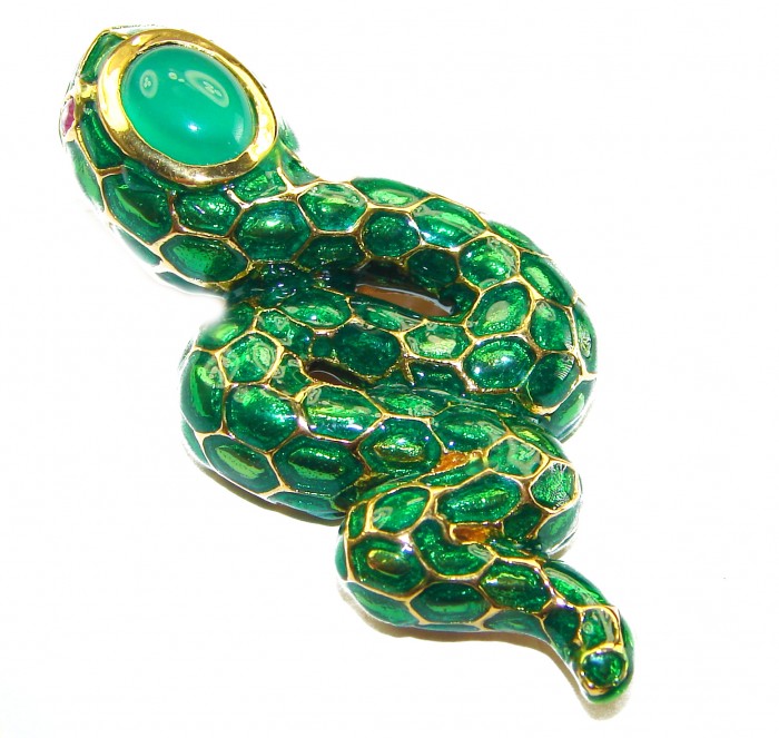 INCREDIBLE Natural Emerald Enamel Snake 14K Gold over .925 Sterling Silver Pendant