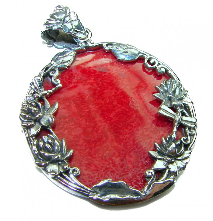 Enchanted Rose garden Authentic Coral .925 Sterling Silver handmade pendant