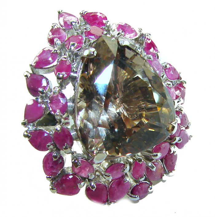 Protective Energy 19.5 carat Champagne Topaz Ruby .925 Sterling Silver Oversized Ring size 7 3/4 - video