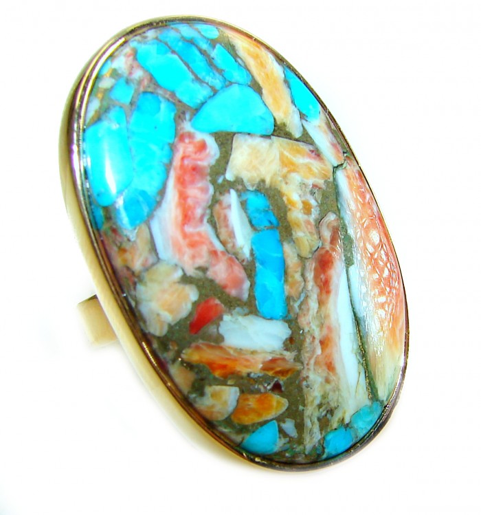 Blessed with Abundance 44.5 carat Oyster Turquoise 18K Gold over .925 Sterling Silver handcrafted Large ring; s. 9 adjustable