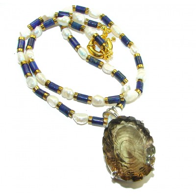 Truly Outstanding LARGE carved Smoky Topaz 14k Gold over .925 Sterling Silver handcrafted Statement necklace