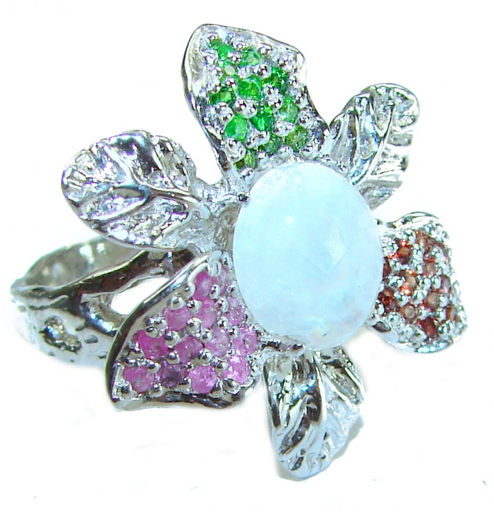 Floral design 4.9 carat Rainbow Moonstone .925 Sterling Silver handmade ring s. 8