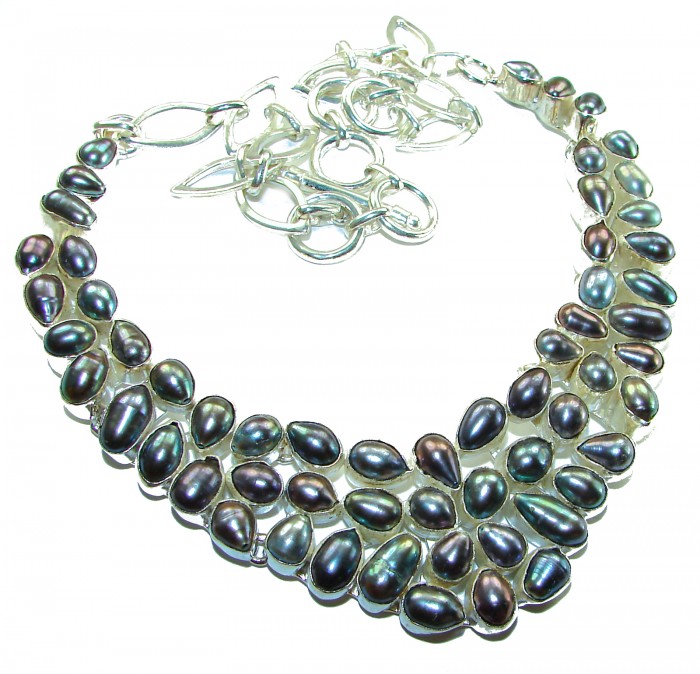 HUGE 102.5 grams genuine Rainbow Mothet of Pearl .925 Sterling Silver handcrafted Necklace