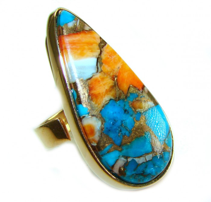 Rare 27.5 carat Oyster Turquoise 18K Gold over .925 Sterling Silver handcrafted Large ring; s. 7 adjustable