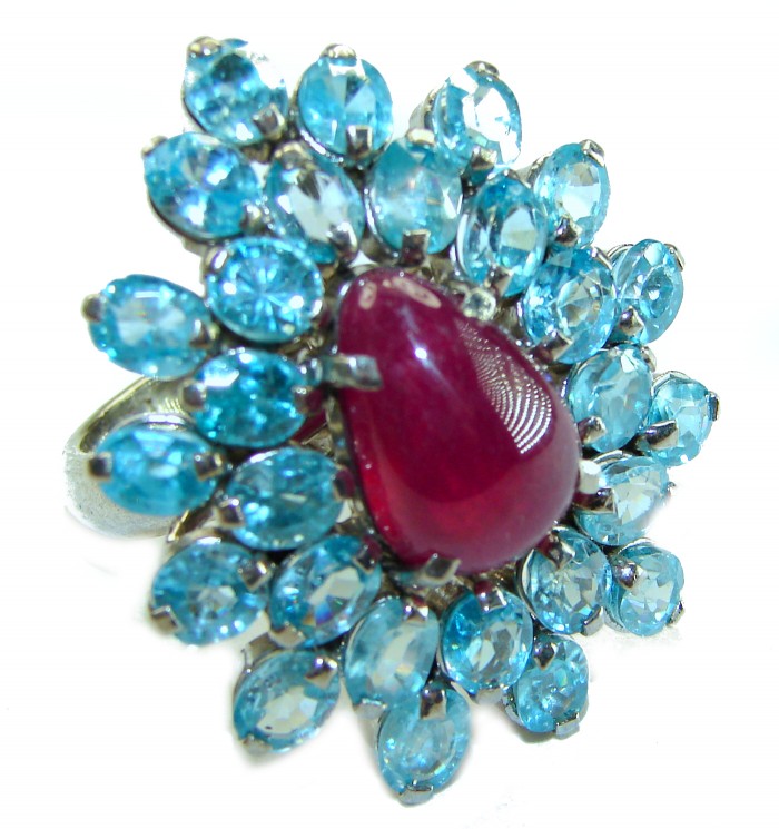 Incredible 29.5 carat Swiss Blue Topaz Ruby .925 Sterling Silver Oversized Ring size 7 3/4