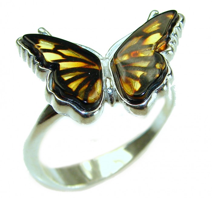 Butterfly Authentic Baltic Amber .925 Sterling Silver handcrafted ring; s. 7 adjustable