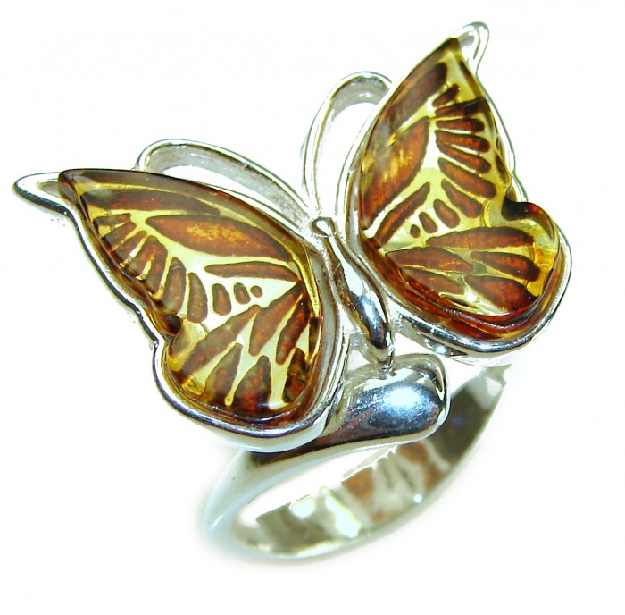 Butterfly Authentic carved Baltic Amber .925 Sterling Silver handcrafted ring; s. 7 adjustable
