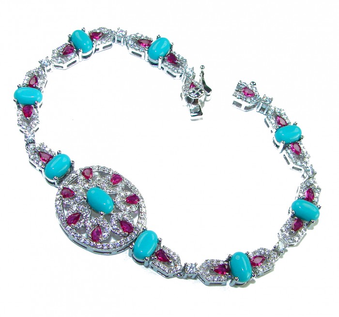 Serenity- 21.5 carat genuine Swiss Blue Turquoise 9.5 carat Ruby .925 Sterling Silver handmade Statement Bracelet