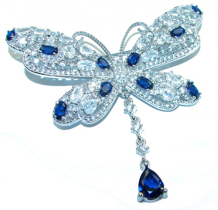 Vintage Design - Blue Butterfly - Genuine 10.2 carat Sapphire 14k White Gold over .925 Sterling Silver handmade Pendant Brooch