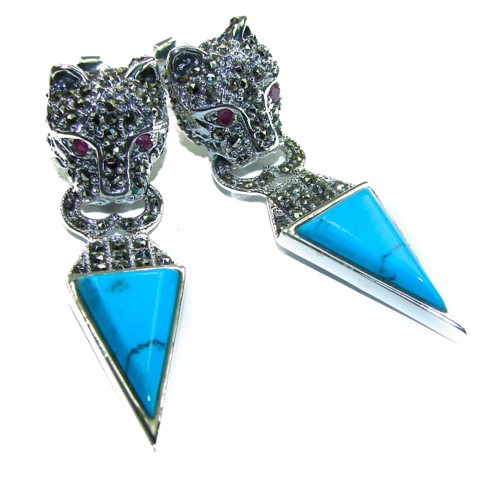 Spectacular Blue Cheetah inlay Turquoise .925 Sterling Silver handcrafted Earrings
