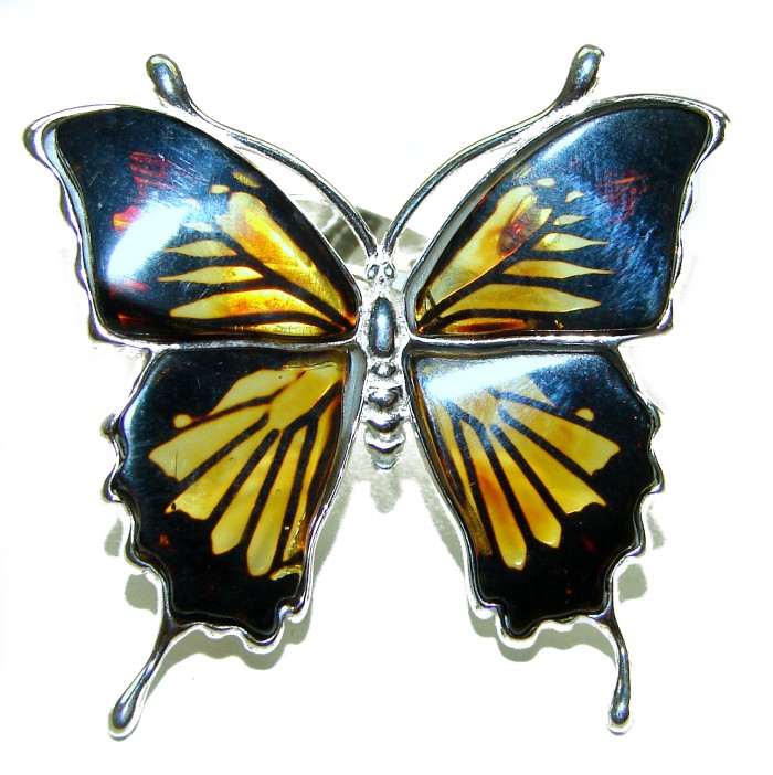 Large Butterfly Authentic carved Baltic Amber .925 Sterling Silver entirely handcrafted ring; s. 8 adjustable