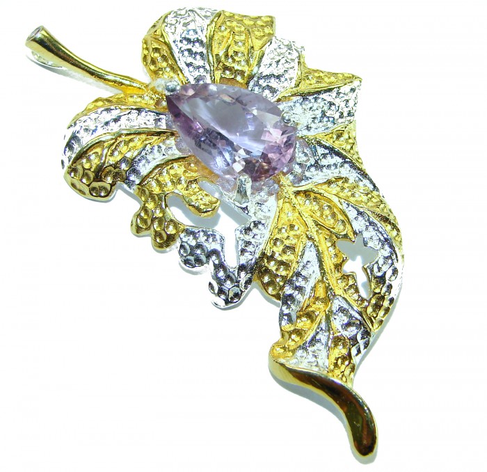 Precous Leaf Genuine Amethst 18K Gold over .925 Sterling Silver handcrafted Statement pendant