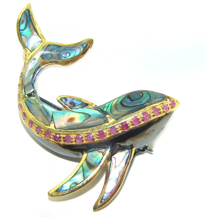 Dolphin Natural Rainbow Abalone Ruby 14K Gold over .925 Sterling Silver handmade Pendant Brooch