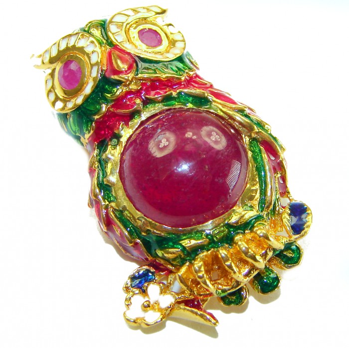 Wisdom and Unseen World - Owl- Genuine 10.5 carat Ruby enamel .925 Sterling Silver handmade Pendant - Brooch
