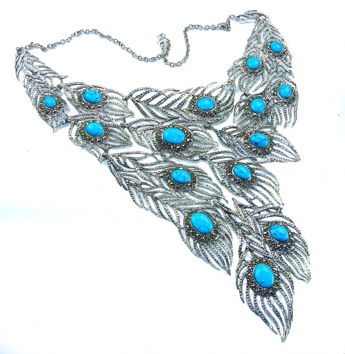 HUGE 102.9 grams Peacock Feather design genuine Turquoise .925 Sterling Silver handcrafted Necklace
