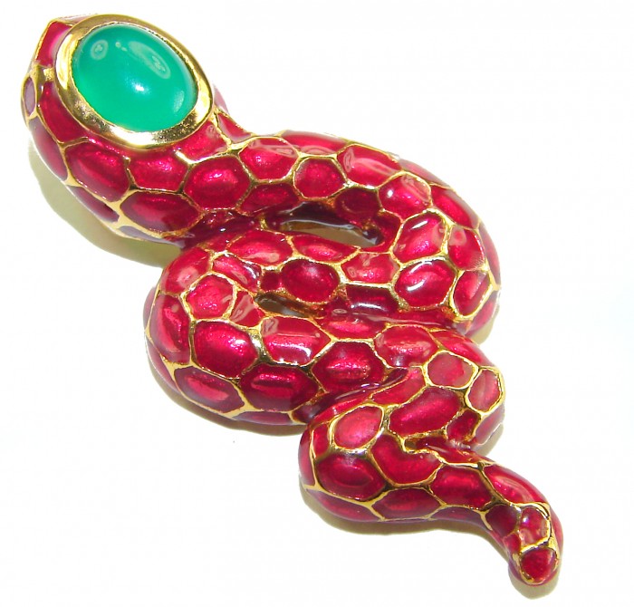 INCREDIBLE Red Snake Natural Ruby Enamel Snake 14K Gold over .925 Sterling Silver Pendant
