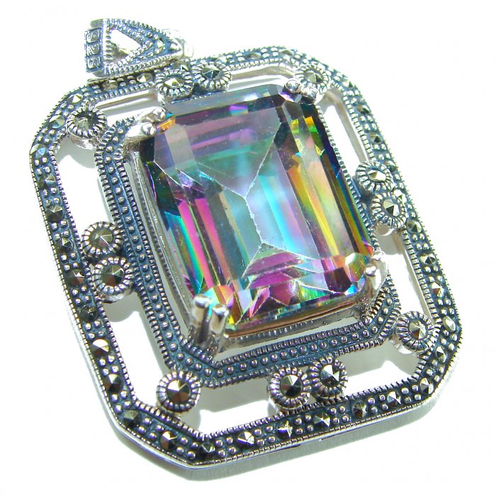 Spectacular 14.2 cut Mystic Topaz Marcasite .925 Sterling Silver handcrafted Pendant - video
