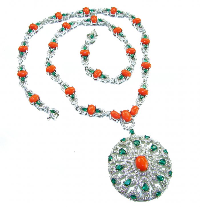 Serenity - 72.5 carat genuine Coral Emerald .925 Sterling Silver handmade Statement necklace - video