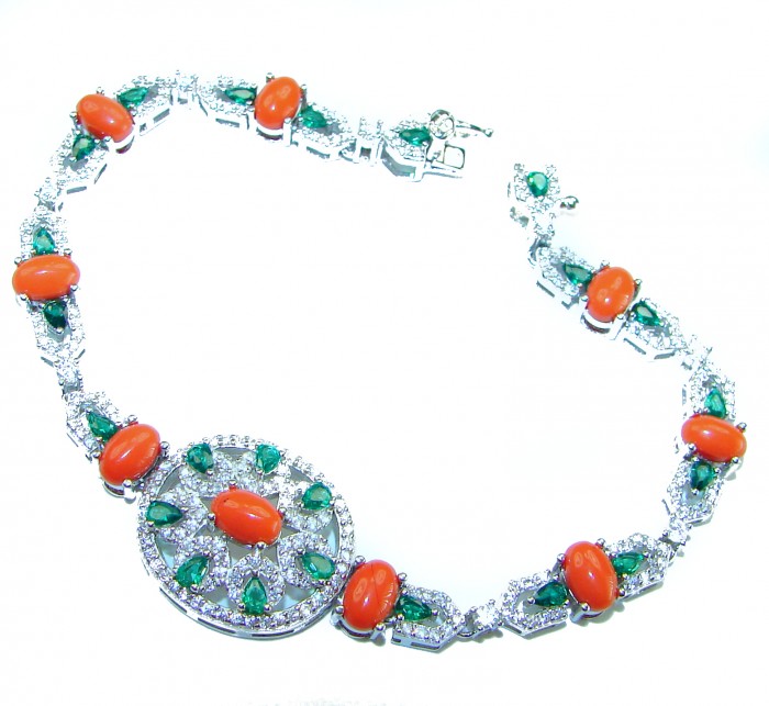 Serenity - 72.5 carat genuine Coral Emerald .925 Sterling Silver handmade Statement Bracelet