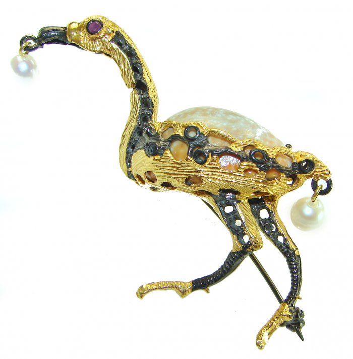 Colorful Precious Heron Natural Sea Shell 2 tones .925 Sterling Silver Brooch - video