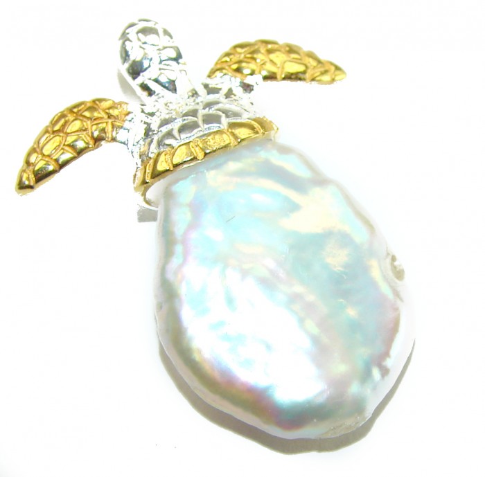 Good health and Long life Turtle Genuine Blister Pearl 14K Gold over .925 Sterling Silver handcrafted Pendant