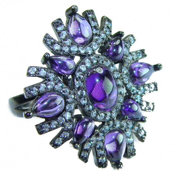 10.2 carat Amethyst black rhodium over .925 Sterling Silver Handcrafted Large Ring size 7 1/4