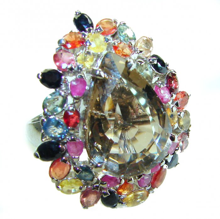 Celestial peace 29.5 carat Champagne Smoky Topaz Sapphire .925 Sterling Silver HUGE Ring size 7 1/4 - video