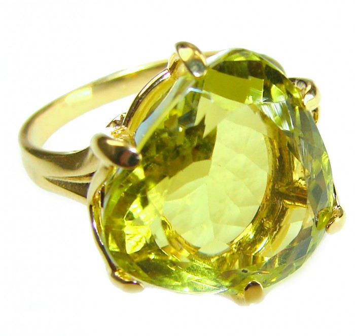 10.8 carat Genuine Lemon Quartz 14K Gold over .925 Sterling Silver handcrafted ring size 9