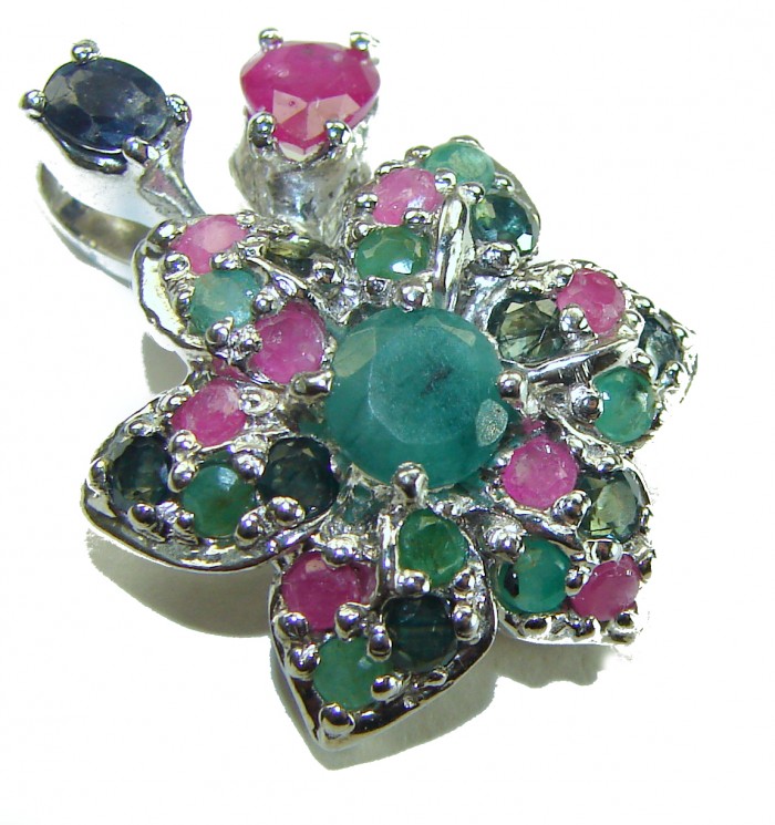 Authentic 10.5 carat Ruby Emerald Sapphire .925 Sterling Silver handcrafted Pendant