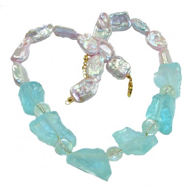 Sky and Ocean authentic rough Aquamarine Mother of Pearl 10k Gold over .925 Sterling Silver handcrafted STATEMENT Necklace