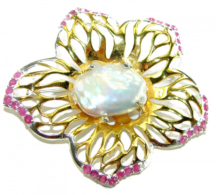 Large Genuine Mother of Pearl Ruby 14K Gold .925 Sterling Silver handmade Pendant Brooch