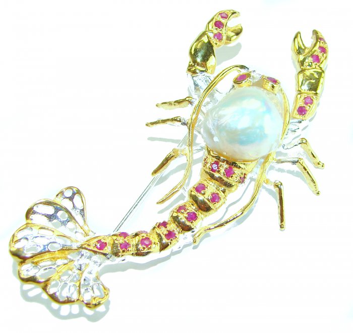 Precious Crayfish Natural Mother of Pearl Ruby 18K Gold over .925 Sterling Silver handmade Pendant Brooch - video